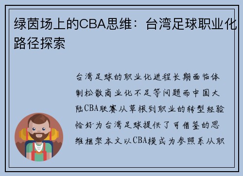 绿茵场上的CBA思维：台湾足球职业化路径探索